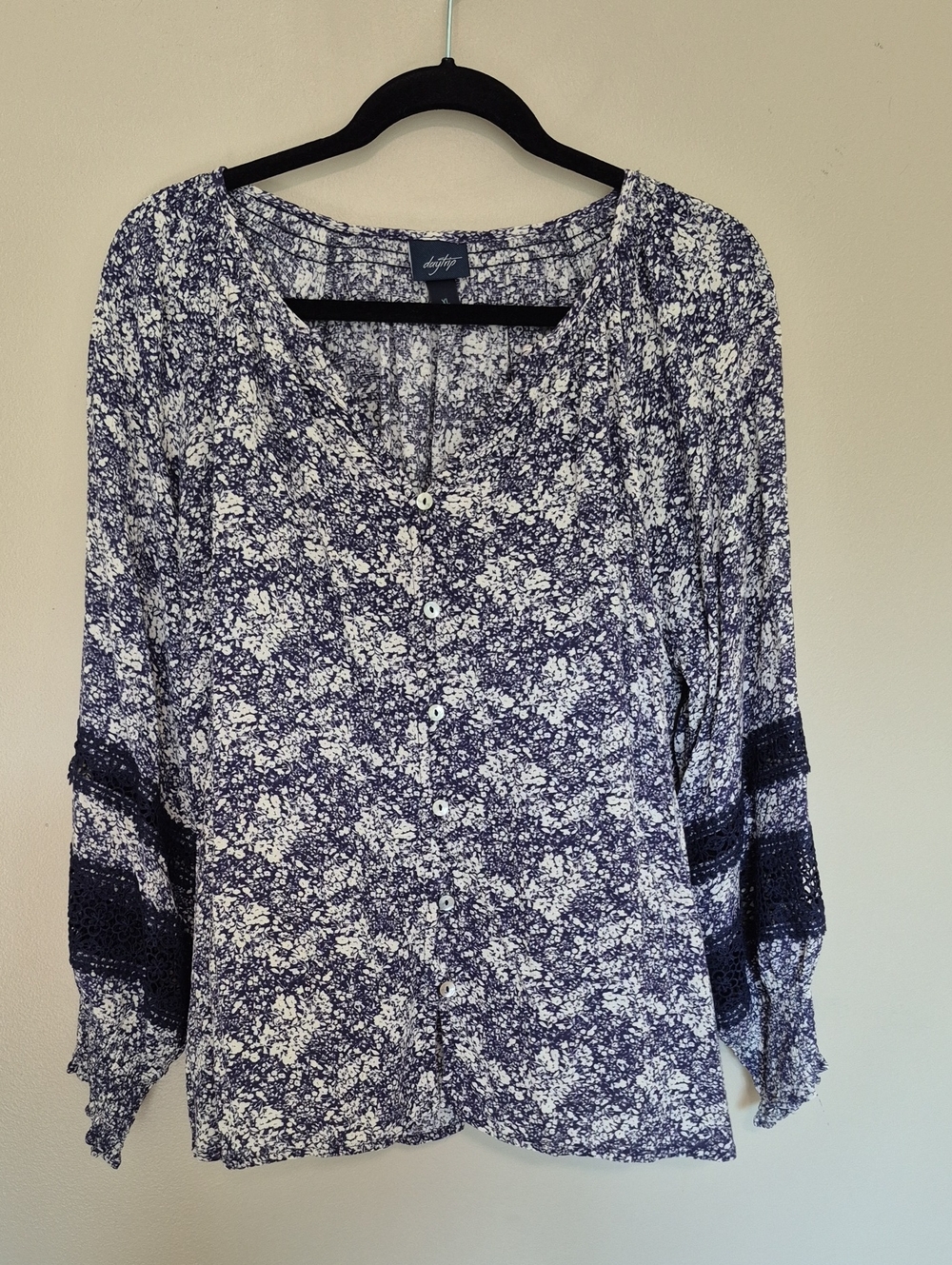 Daytrip Navy and White Floral-Print Button Front Blouse